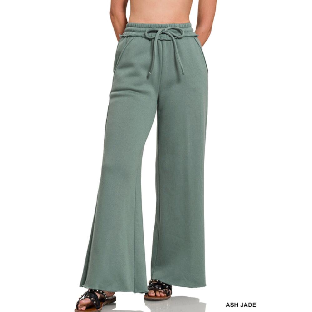 Zenana Womens fleece exposed seam wide leg sweatpants Ash Jade